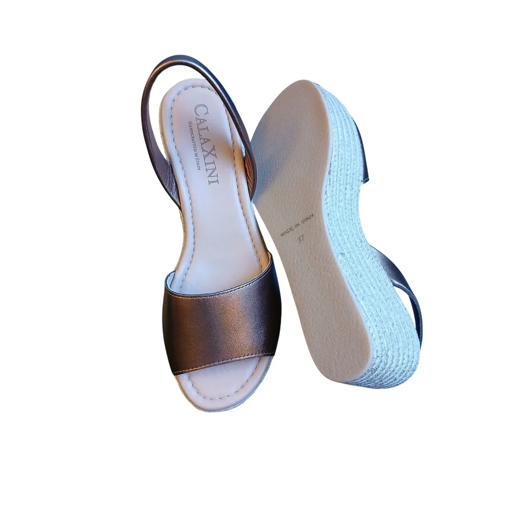 Calaxini Women Bronze Metallic Leather Espadrille Wedge Sandals EU 37 Made Spain